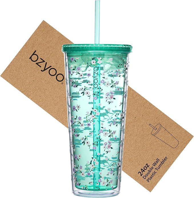 bzyoo 24oz Plastic Tumbler Cup, Lid & Straw, Iced Coffee Floral Mint | Double by bzyoo