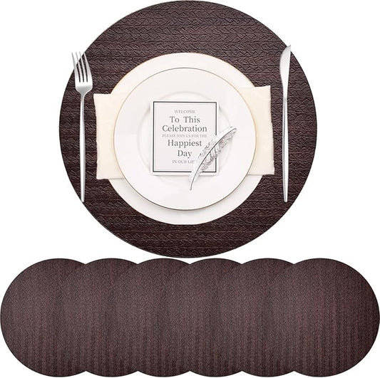 PIGCHCY Round 15" Water-Resistant Placemats Set of 6, Premium Faux Leather Placemats PVC Easy Clean Table Mats for Hotels Outdoor Dining, Wedding Decor (Brown)