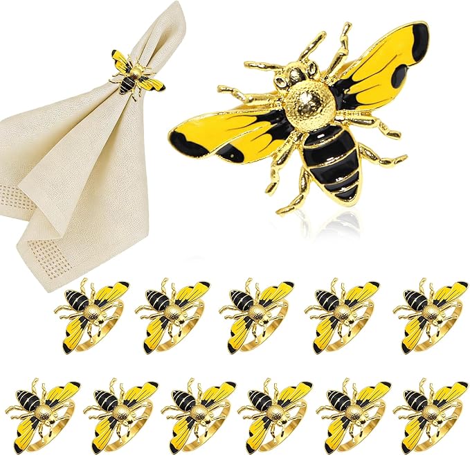 Bee Napkin Rings Set of 12 Glossy Yellow Honeybee Napkin Holders by DavifinaNapkinRings