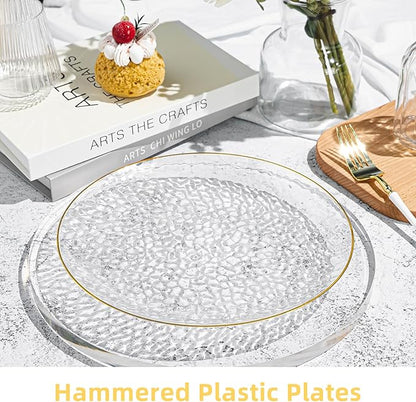100PCS Clear and Gold Plastic Plates, 10 Inch Disposable Dinner Plates with Gold Rim, Heavy Duty Stone Texture Plastic Plates for Party and Weddings