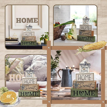 Moucuny 4 Pcs Wooden Farmhouse Table Decor Rustic Home Sweet Home Stacked - Image 5