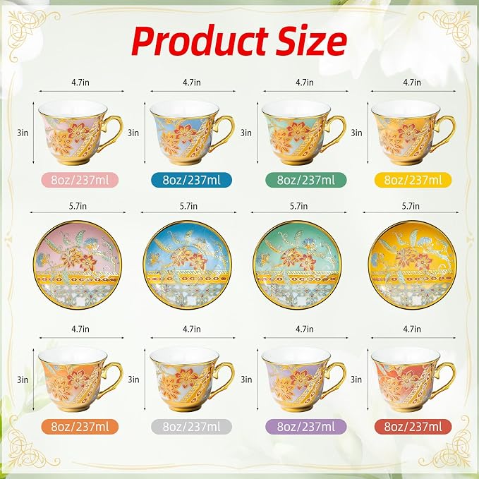 Tea Cups and Saucers Set of 8, 8 OZ Floral Tea Cup - Image 2