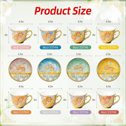 Tea Cups and Saucers Set of 8, 8 OZ Floral Tea Cup - Image 2