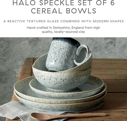 Denby - Halo Speckle Cereal Bowls Set of 6-27 Ounce Dishwasher Microwave Safe - Scratch Chip Resistant - Grey, Neutral, Blue Ceramic Stoneware Soup Bowls Tableware