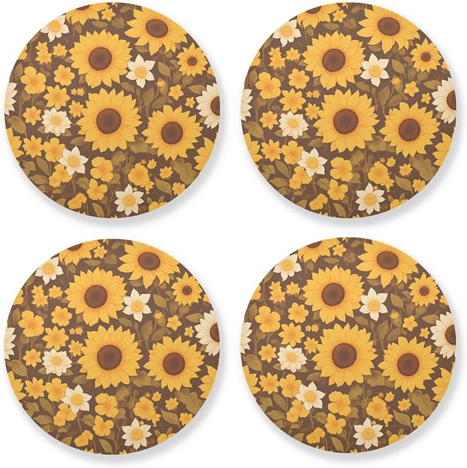Sunflower Cow Leather Skin Brown Pattern Aesthetic Drink Coasters 4 Piecing Set by KLL