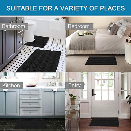H.VERSAILTEX Bathroom Rugs Bath Rug Set 2 Piece Bathroom Contour Rug Toilet Mat Sets Non Slip Contour Bath Rug Ultra Thick Water Absorbent Striped Bath Mats Washable(36" x 24" Plus 20" x 24" U, Black)