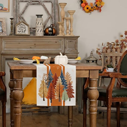 Fall Watercolor Trees & Maple Leaves Striped Table Runner 13x120 Inch, Rustic - Image 3