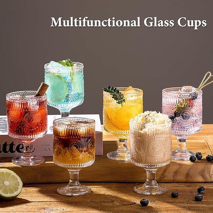 6 Packs Vintage Goblet Glasses, 8 oz Wine Glasses, Embossed Floral Glass Cups - Image 2