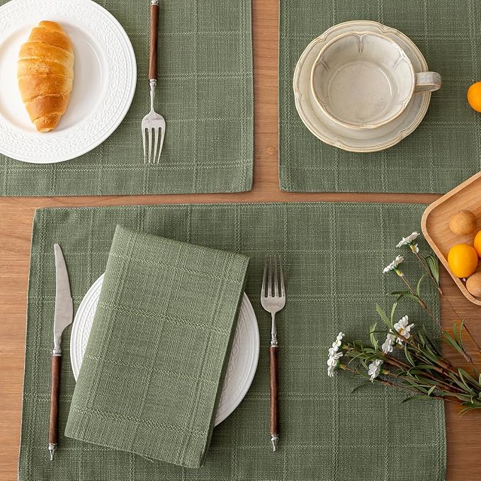 Linen Checked Placemats Set of 6, Sage Green Place Mats 12x18 Inch | Raised - Image 3