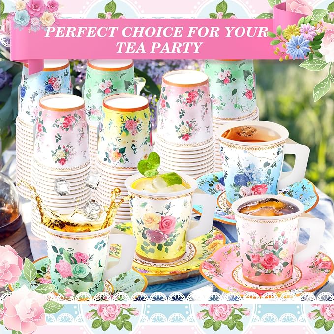 SUMMORO 160 Pcs Floral Paper Tea Cups and Saucers 7 OZ Disposable Paper Tea Cups - Image 4