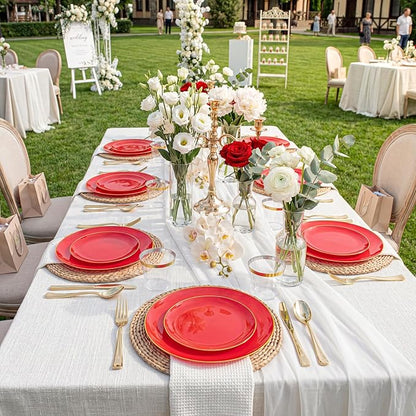 WDF 300Pcs Red Disposable Plates - Red Plastic Plates - 50guest Disposable Dinnerware Include 50 Dinner Plate, 50 Dessert Plate, 150 Cutlery & 50 9oz Cups for Valentine's Day & Parties
