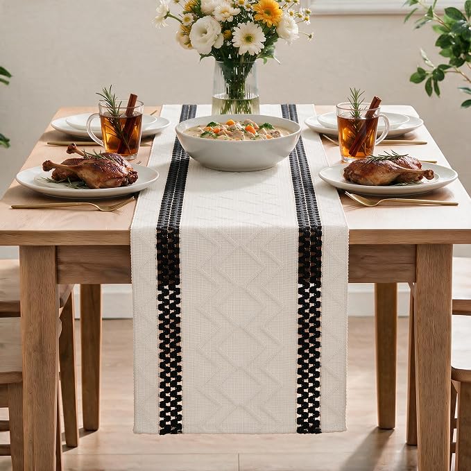 Artoid Mode Black Stripe Woven Rustic Table Runner 12x48 Inch | Holiday Kitchen - Image 2