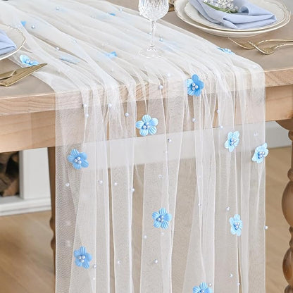 Artoid Mode Blue Flower Pearl White Gauze Table Runner 10FT, Seasonal Sheer by ArtoidMode