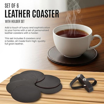 Genuine Leather, Premium Table Coasters by Leatherific, Round, 4 inch, Set of 6, with Holster, Handcrafted, Hand Made, Non Slip Drink Mats, Brown (Brunette Brown, 4")