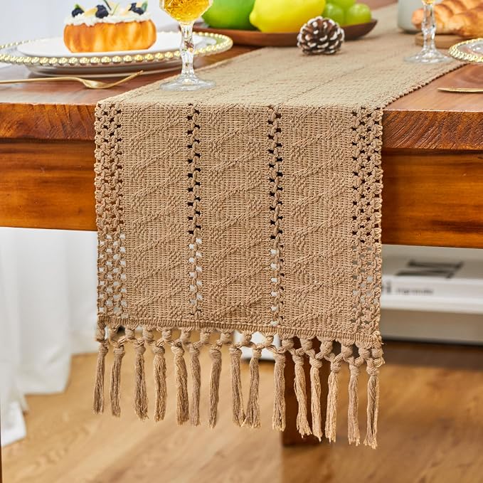 Boho Table Runner Fall Burlap Brown Coffee Table Decor 12x72 Inch | 72 Inches - Image 7