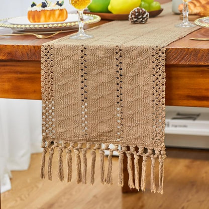Boho Table Runner Fall Burlap Brown Coffee Table Decor 12x90 Inch | 90 Inches - Image 4