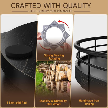 12" Oak Bathroom Vanity Tray Turntable for Perfume Candle, Round Wooden Decorative Tray for Kitchen Sink Countertop Organizer, Bathroom Counter Organizer for Skincare Makeup, Farmhouse Black Gold