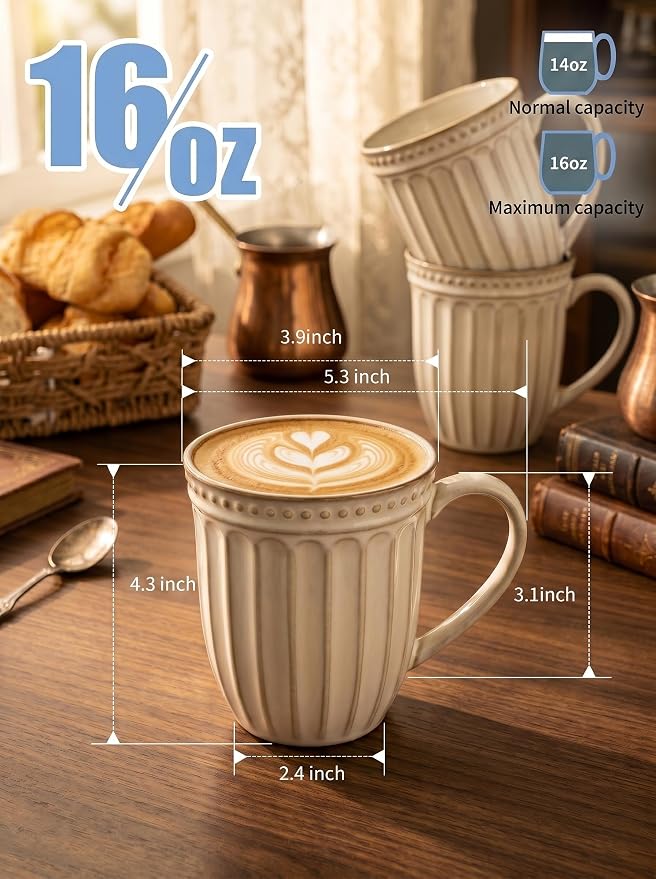 HASENSE Textured Coffee Mugs Set of 4, 16 Oz Ribbed Ceramic Cups - Image 2