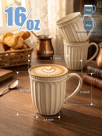 HASENSE Textured Coffee Mugs Set of 4, 16 Oz Ribbed Ceramic Cups - Image 2