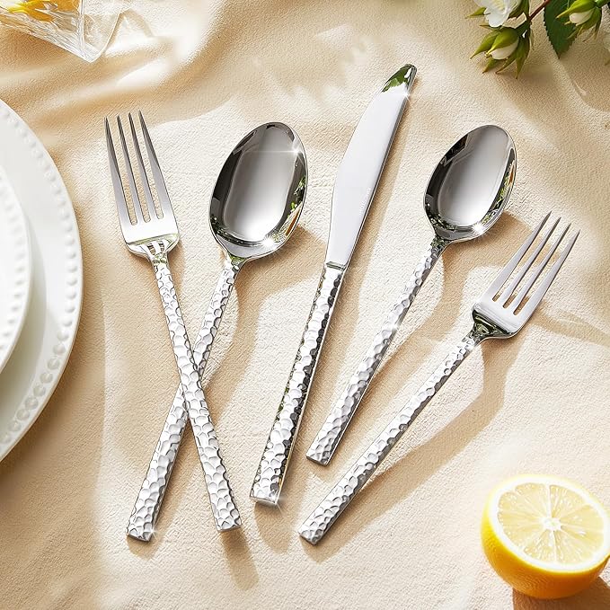 40 Piece Hammered Silverware Set, 18/10 Stainless Steel Flatware Set - Image 5
