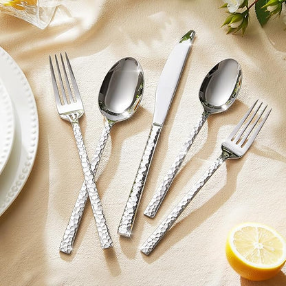 40 Piece Hammered Silverware Set, 18/10 Stainless Steel Flatware Set - Image 5