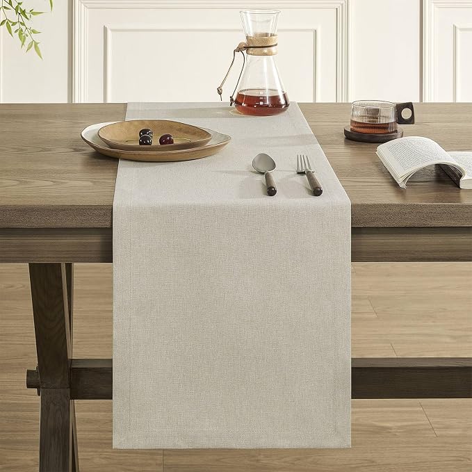 Basic Linen Style Table Runner, 14x48 Inch Raw Linen | Mitered Corner Design - Image 2