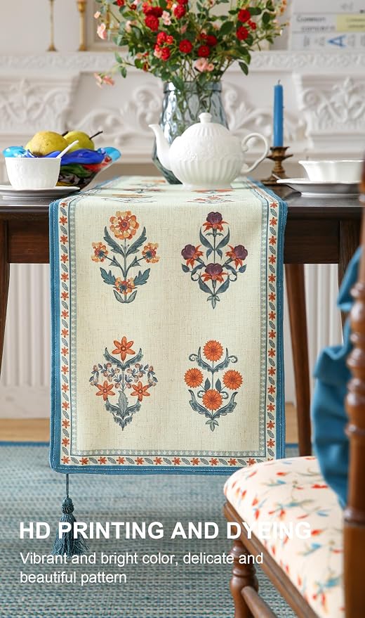Designer French Linen Long Table Runner, Floral Pattern, Dining Table, Kitchen - Image 4