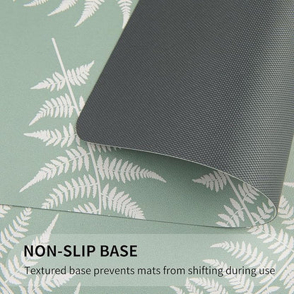 QIYI Placemats Set of 4, 12x18 Inch Faux Leather Place Mats for Kitchen Dinning, Heat Resistant Anti Slip Green White Table Mats, Waterproof Wipeable Washable Placemat Party Table Décor, Fern Leaves