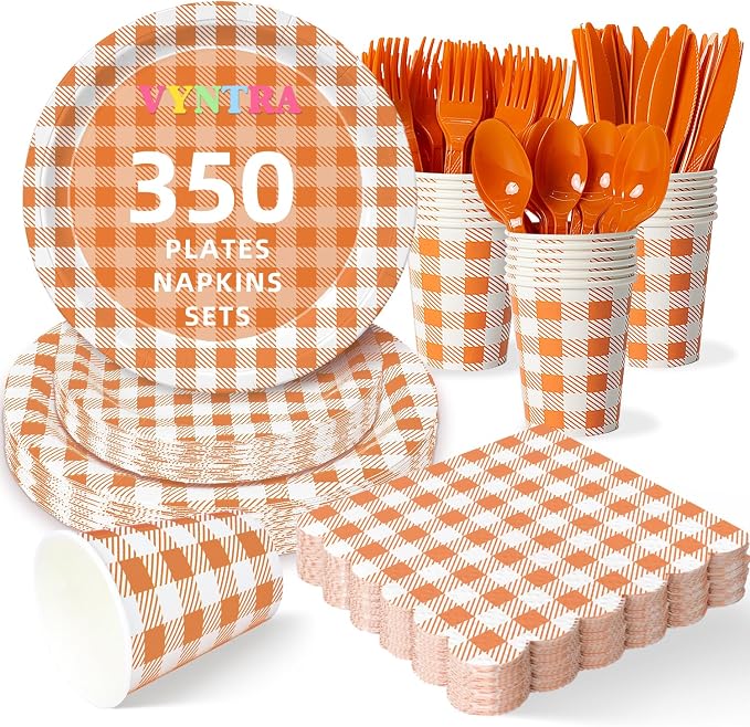 Vyntra 350 Pcs Orange & White Checkered Gingham Paper Plates and Napkins Set by PartyTablewareSupplies