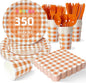 Vyntra 350 Pcs Orange & White Checkered Gingham Paper Plates and Napkins Set by PartyTablewareSupplies
