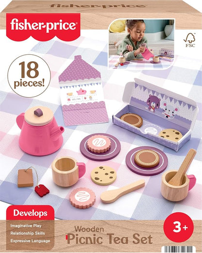 Fisher-Price Wood Pretend Play Toy Picnic Tea Set, 18-Pieces - Image 6