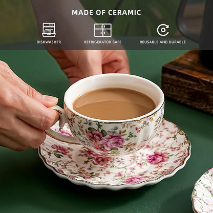 Agyiuns Tea Cup and Saucers, 6.4oz Floral Tea Cups - Image 3