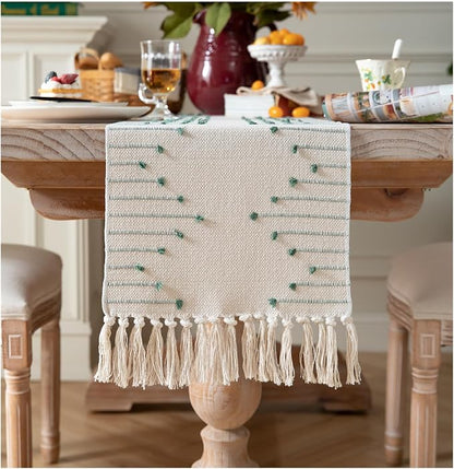 Boho Table Runner 13 x 72 Inch Long Natural Cotton Woven Runner by Caflife