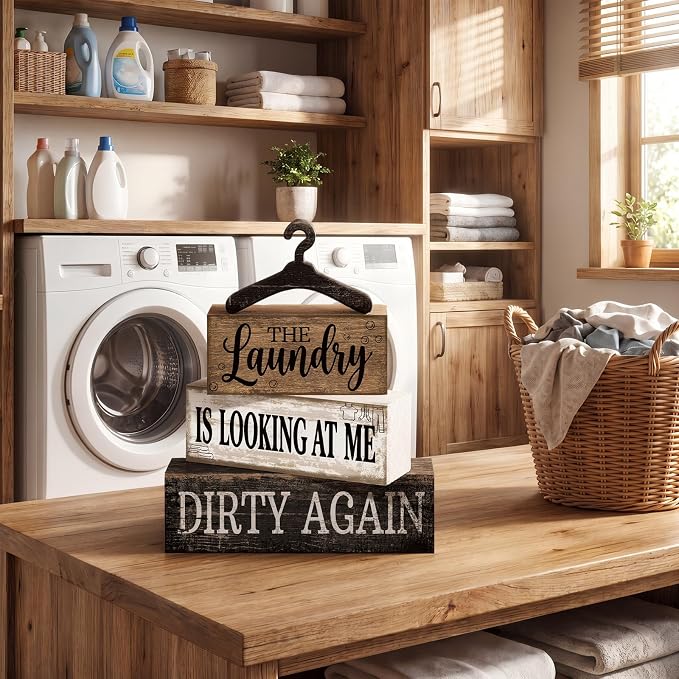 Moucuny 4 Pcs Farmhouse Laundry Room Decor and Accessories Stacked Blocks The - Image 4
