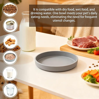 Silicone Cat Bowl Shallow Non-Slip Cat Dishes Set of 2 Relief Whisker Fatigue Small Pet Dog Bowls for Dry & Wet Food (Round Grey)
