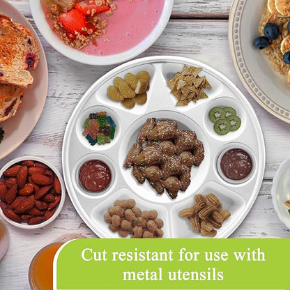 three leaf 9 Compartment Bagasse Round Plate, 200 Ct. Heavy-Duty- Super Strong- Natural- Eco-Friendly Disposable Bagasse Plates, 100% Biodegradable