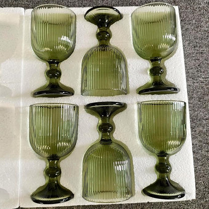 Green Drinking Glasses set of 6 Big Wine Goblets Vintage Colored Glassware 13 oz for Wedding Party Bar Vertical Line Embossed Pattern Stemmed Cups 400ml