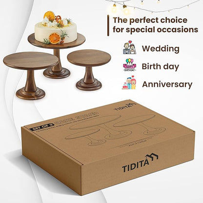 Set of 3 Acacia Wood Cake Stand Set – Wooden Rustic Farmhouse Cupcake Stand - Wedding and Birthday Decorating Cake Pedestal Stand - Dessert Display Serving Use at Parties, Restaurants, Birthday