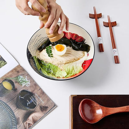 Japanese Ramen Bowl Set with Red Fuji Design - 60oz Large Ceramic Bowls, Spoons, Chopsticks for Ramen, Pho, Salad, Poke - Premium Gift for Ramen Lovers - Microwave & Dishwasher Safe