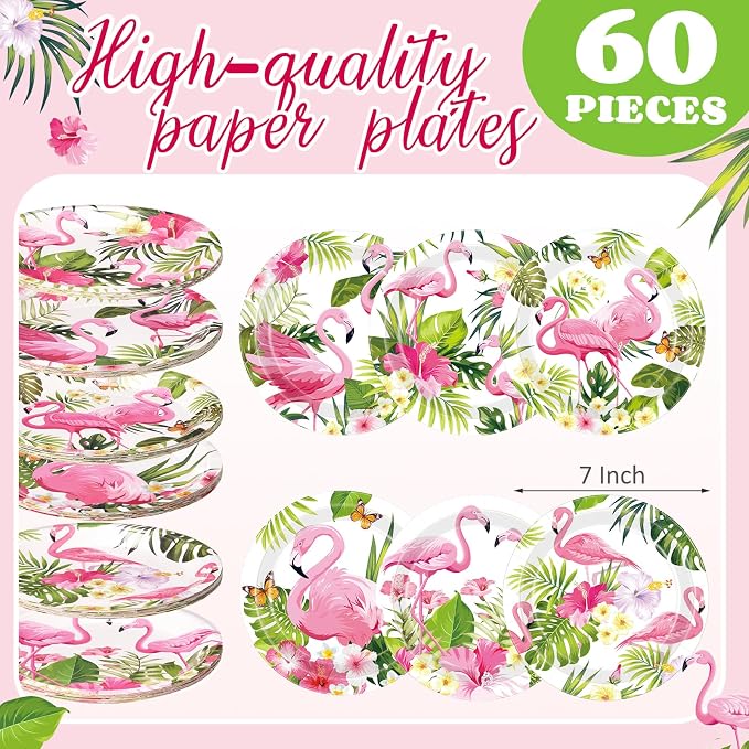 Gerrii 60 Pcs Tropical Flamingo Party Plates 7 Inch Hawaiian Themed Disposable - Image 2