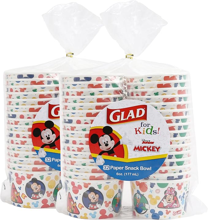 Glad Disney Mickey and Friends Disposable Snack Bowls, 6 Oz, 32 Ct, 2-Pk | by GladTrashFoodStorage