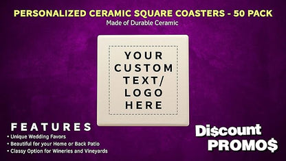 50 4" Square Ceramic Coasters Set - Customizable Text, Logo - Cork Bottom, Serve Ware - Natural