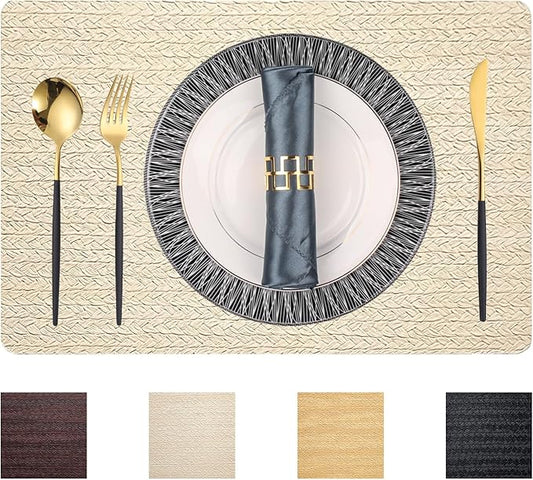 PIGCHCY Waterproof PVC Place Mats Set of 6, Non-Slip Faux Leather Placemats Rattan Pattern Surface Table Mats for Wedding/Birthday Party/Kitchen (18"x12", Cream)