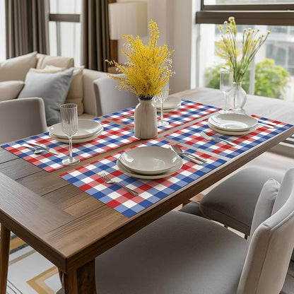 Artoid Mode Buffalo Plaid Vinyl Placemats Set of 4, 12x18 Inch Washable Non-Slip Heat Resistant Plastic Place Mats for Party Dining Table, Blue/Red