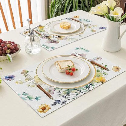 AOFOTO Floral Placemats Set of 4 Watercolor Blue Yellow Flower Green Leaves Printed Place Mats Rectangular Artistic Table Mats for Party Home Kitchen Restaurant Dining Table Decor 12x18 Inch