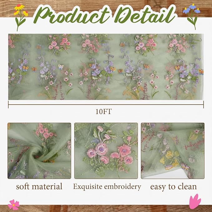Sage Green Floral Table Runner 10ft Embroidery Tulle Spring Wildflower Table - Image 2