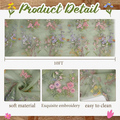 Sage Green Floral Table Runner 10ft Embroidery Tulle Spring Wildflower Table - Image 2
