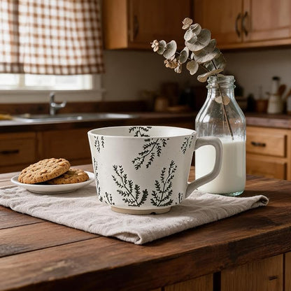 4 Pack Speckled Ceramic Coffee Mugs, 12oz Vintage Green Fern Leaf Large Tea Cups - Image 2