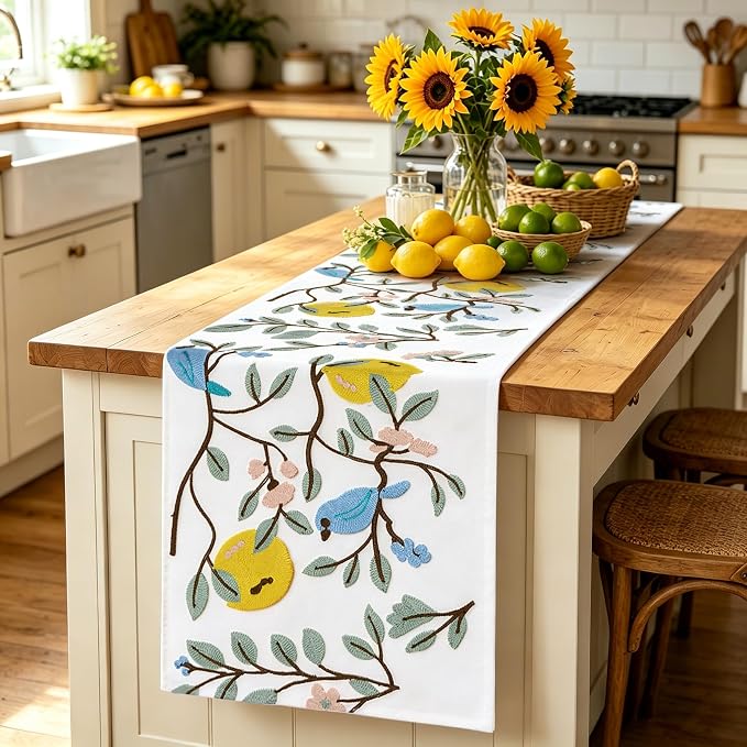 Embroidered Table Runner 14x72 Inch, 3D Textured Lemon Floral Canvas Dresser - Image 6