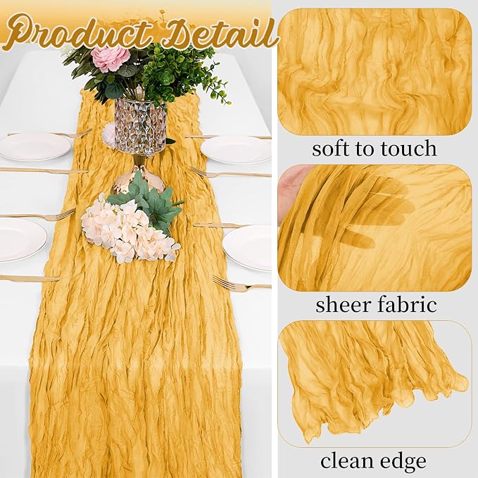 16 Pack Gold Cheesecloth Table Runners 20x120 Inch Gauze Table Runner 10FT - Image 3